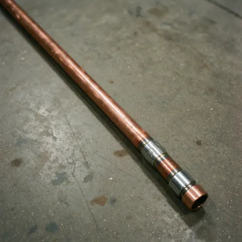 Tuyau en cuivre avec une connexion soudée et un raccord PEX posé sur un sol en béton, adapté à la plomberie professionnelle.