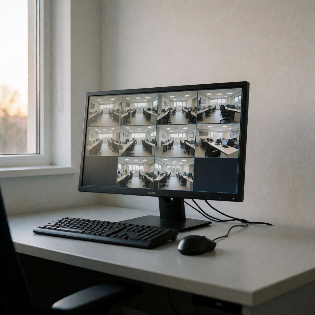 Station de travail avec moniteur montrant plusieurs caméras de sécurité dans un bureau moderne, clavier et souris sur une table blanche, lumière douce de fenêtre.