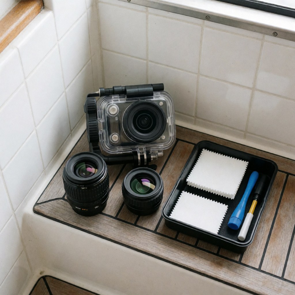 Appareil photo sous-marin avec boîtier transparent, deux objectifs et kit de nettoyage posés sur un pont en bois avec carreaux blancs, éclairage naturel doux.
