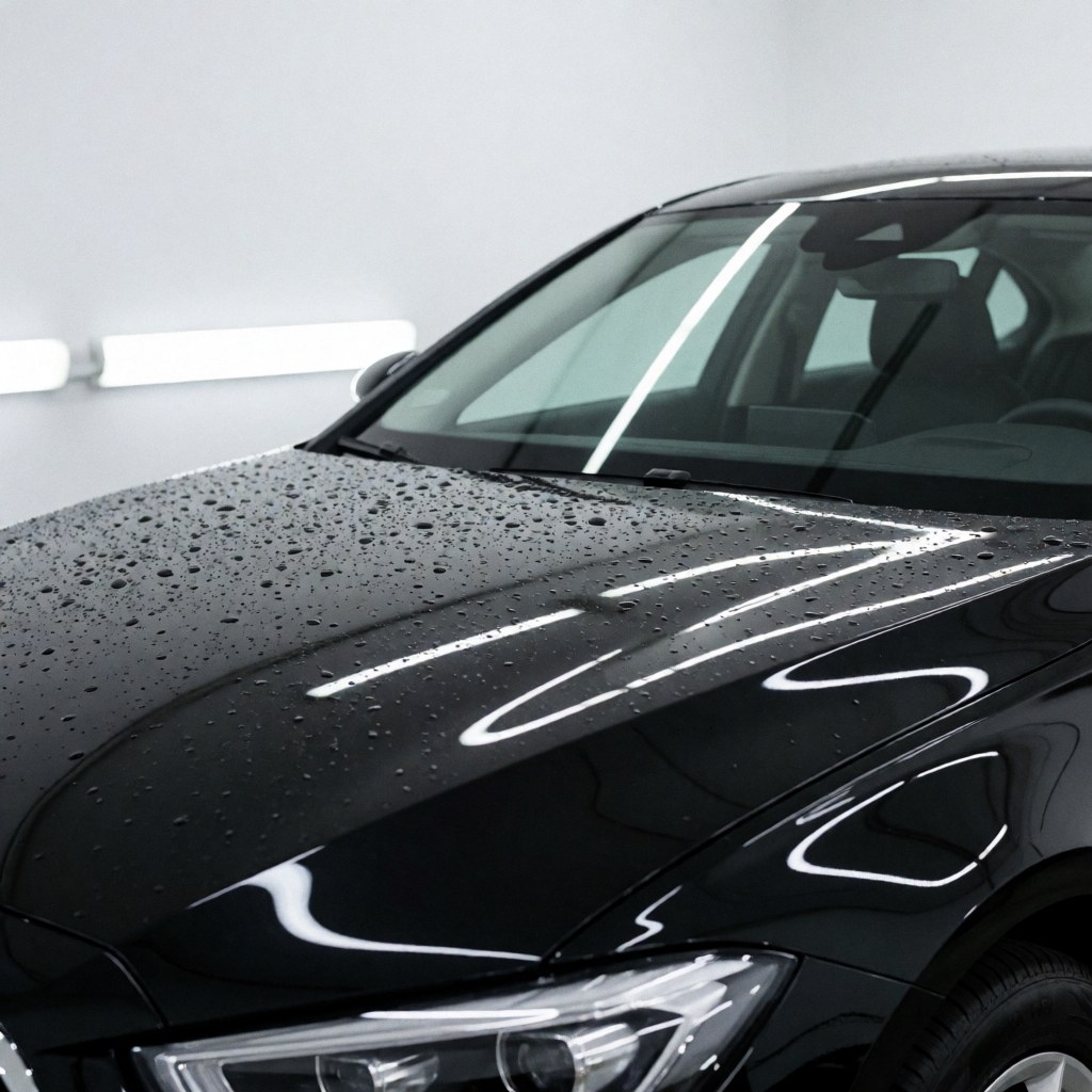 Capot de voiture noir avec finition céramique, des gouttes d'eau reflètent la lumière LED sur un fond blanc dans un atelier de detailing automobile.