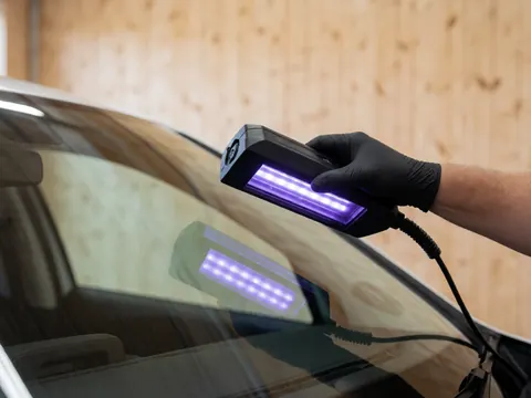 Technicien avec gant noir utilisant une lampe uv pour le traitement du pare-brise d'un véhicule dans un atelier avec mur en bois et reflet visible.