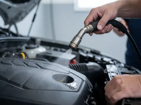 Buse d'outil à vapeur nettoyant un cache-moteur noir, mains travaillant dans un atelier automobile avec un fond flou.