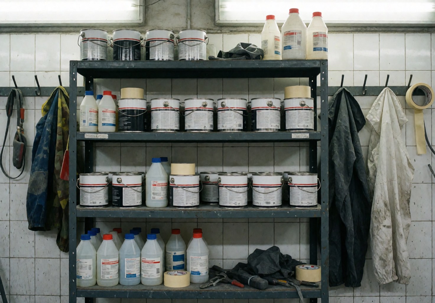 Étagère métallique contenant peintures, solvants et rubans adhésifs dans un atelier de réparation automobile. Vêtements de protection suspendus sur des murs carrelés blancs. Espace propre et organisé.