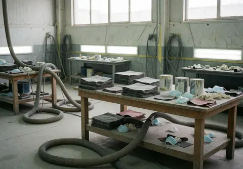 Atelier de carrosserie automobile vide, équipé de tables de travail, de tuyaux d'extraction, de feuilles de papier abrasif et de masques médicaux sous une lumière naturelle.