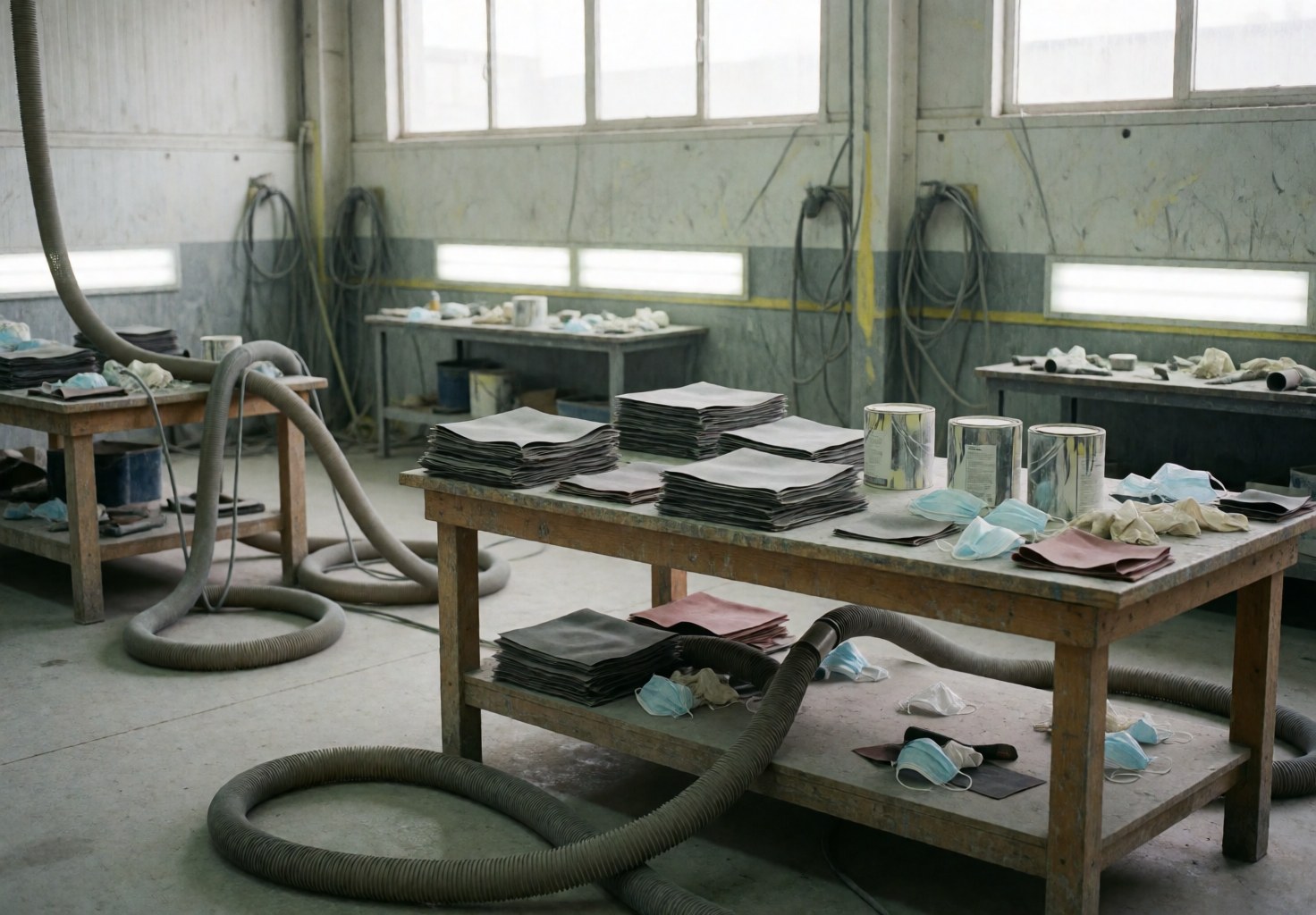 Atelier de carrosserie automobile vide, équipé de tables de travail, de tuyaux d'extraction, de feuilles de papier abrasif et de masques médicaux sous une lumière naturelle.