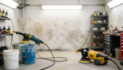 Arrière-plan flou d'un atelier de polissage automobile montrant des machines à polir, des seaux d'eau, des étagères de produits, un mur sale et des lumières fluorescentes.