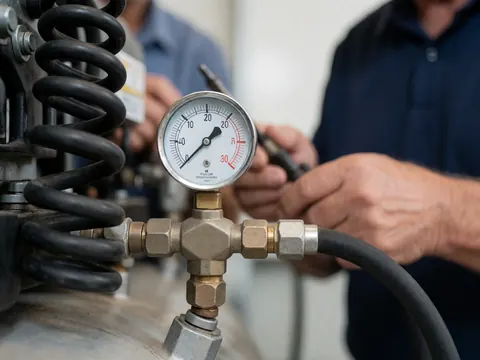 Vue rapprochée d'un manomètre de pression fixé à un compresseur d'air industriel avec des mains effectuant des ajustements et des tuyaux métalliques en arrière-plan flou.
