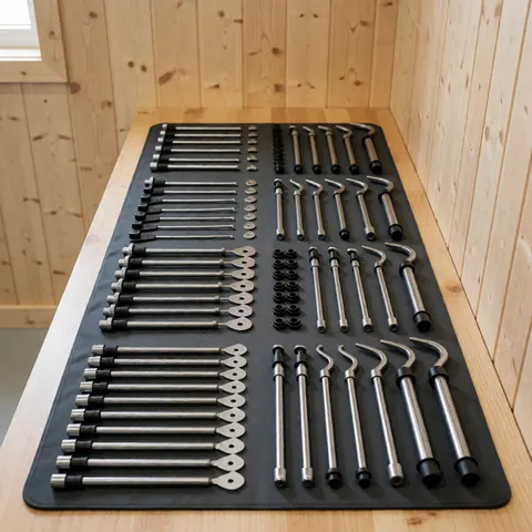 Kit d'outils PDR avec des tiges métalliques et des accessoires disposés en rangées sur une table en bois avec des murs en bois clair.