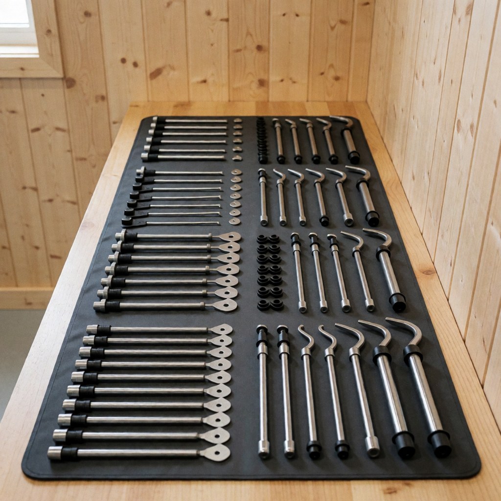 Kit d'outils PDR avec des tiges métalliques et des accessoires disposés en rangées sur une table en bois avec des murs en bois clair.