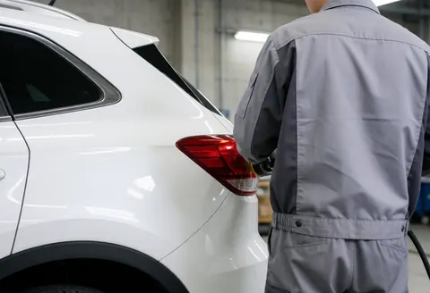 Un technicien automobile utilise un outil électrique pour polir le panneau arrière d'un SUV blanc dans un atelier industriel.
