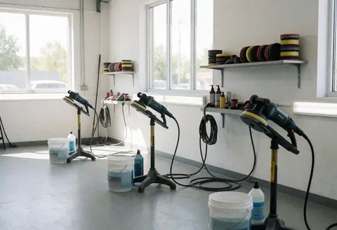 Atelier de carrosserie automobile avec trois polisseuses électriques sur supports, seaux d'eau, produits de nettoyage et étagères, éclairé par la lumière naturelle des fenêtres.