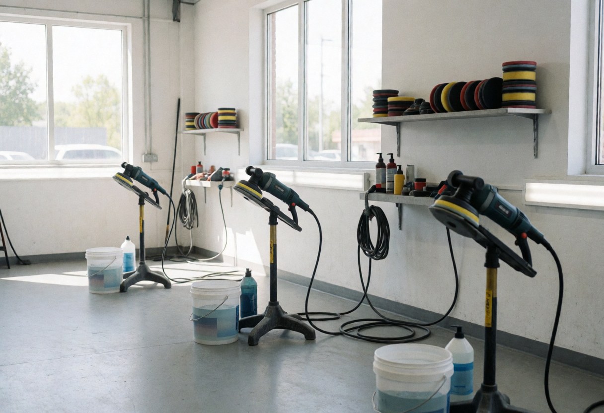 Atelier de carrosserie automobile avec trois polisseuses électriques sur supports, seaux d'eau, produits de nettoyage et étagères, éclairé par la lumière naturelle des fenêtres.
