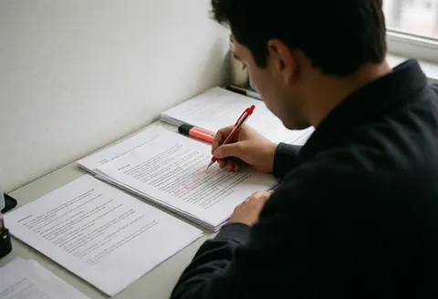 Une personne examine attentivement un document manuscrit sur un bureau rangé, éclairé par la lumière naturelle dans un environnement professionnel sérieux.