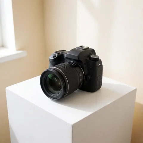 Photographie d'un appareil photo professionnel noir avec objectif monté posé sur un support blanc devant un mur beige, éclairage naturel.