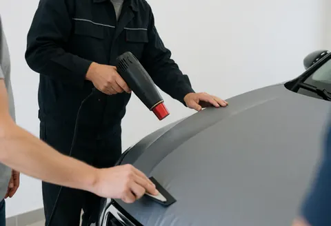 Technicien en uniforme sombre applique un film vinyle mat sur le capot d'un véhicule à l'aide d'un pistolet thermique et d'une raclette dans un atelier.