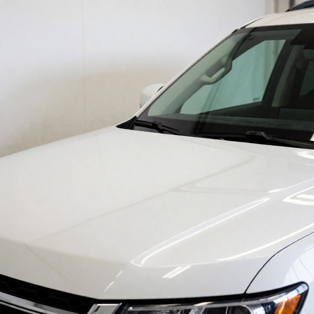 Capot de SUV blanc sans défaut avec des reflets lumineux sur une surface propre et lisse dans un garage automobile.
