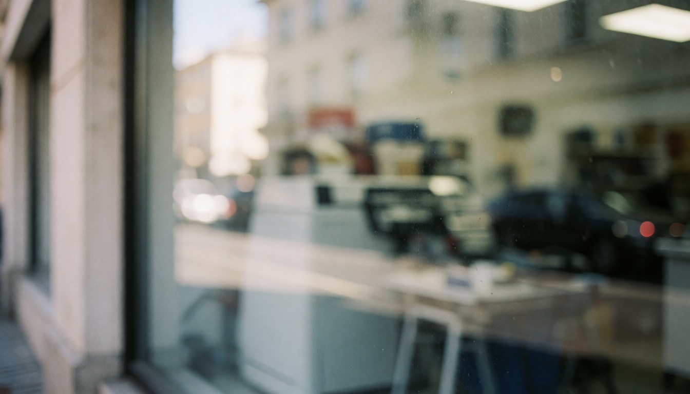 Arrière-plan neutre et professionnel d'une devanture de commerce avec une vitrine floue, des reflets de rue et une lumière naturelle douce pour insérer du texte.