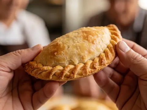 Des mains adultes tiennent une empanada à la croûte dorée et croustillante, sur un fond flou chaleureux.
