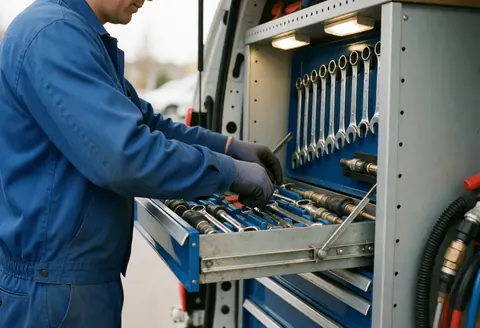Un technicien en uniforme bleu range clés et outils dans un meuble de van, avec tuyaux de gaz visibles.
