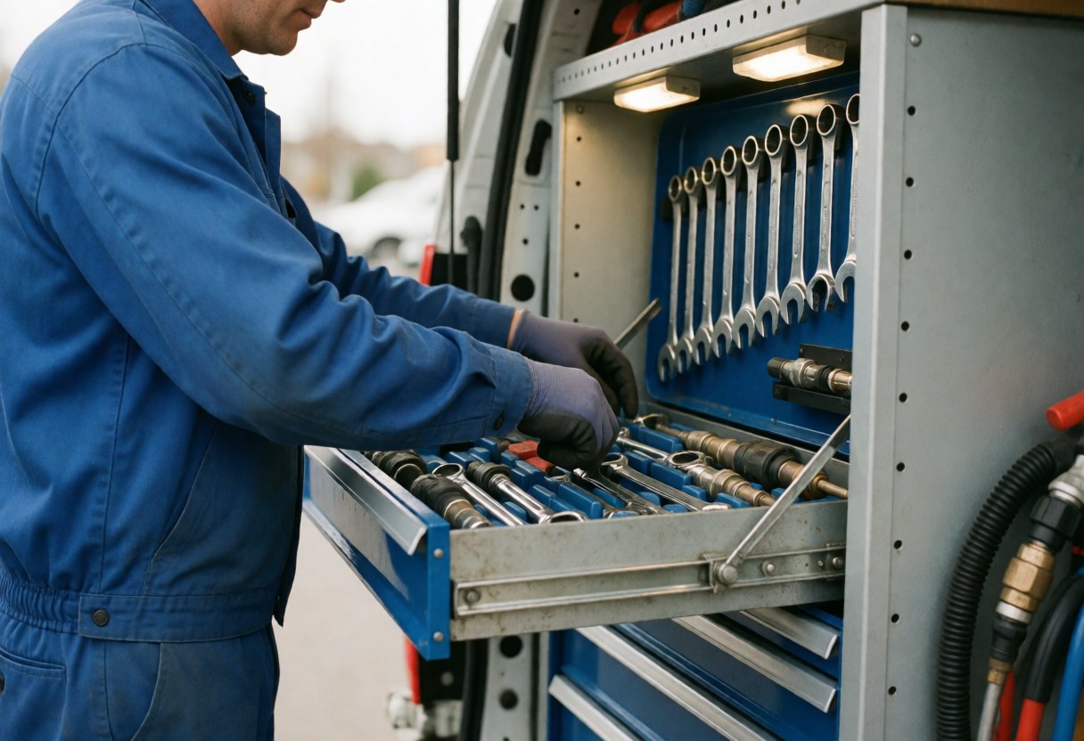 Un technicien en uniforme bleu range clés et outils dans un meuble de van, avec tuyaux de gaz visibles.