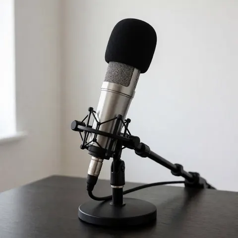 Microphone d'étude avec housse noire monté sur un support noir posé sur une table sombre, idéal pour l'enregistrement audio dans un centre de spectacles.