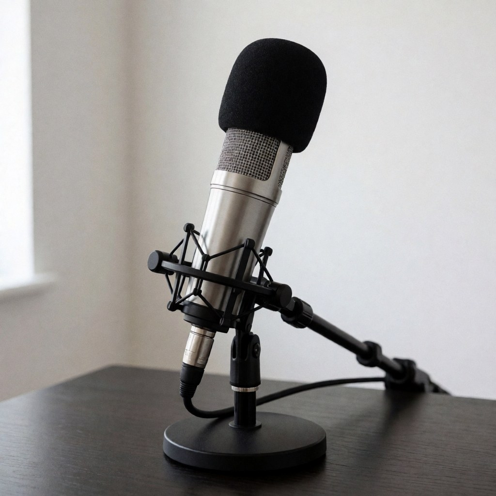 Microphone d'étude avec housse noire monté sur un support noir posé sur une table sombre, idéal pour l'enregistrement audio dans un centre de spectacles.
