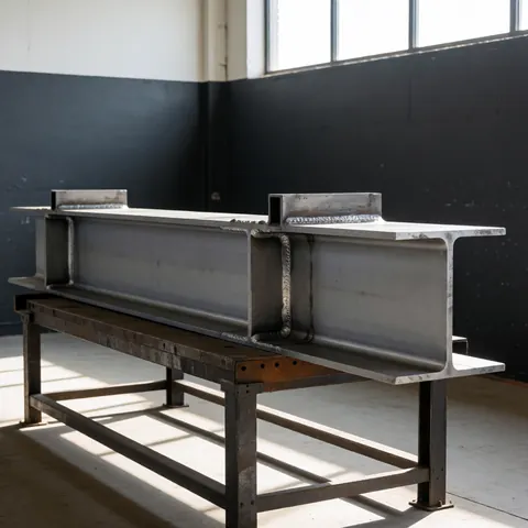Structure en acier soudée dans un atelier industriel avec lumière naturelle et murs sombres, idéale pour les entreprises de construction et de soudage.