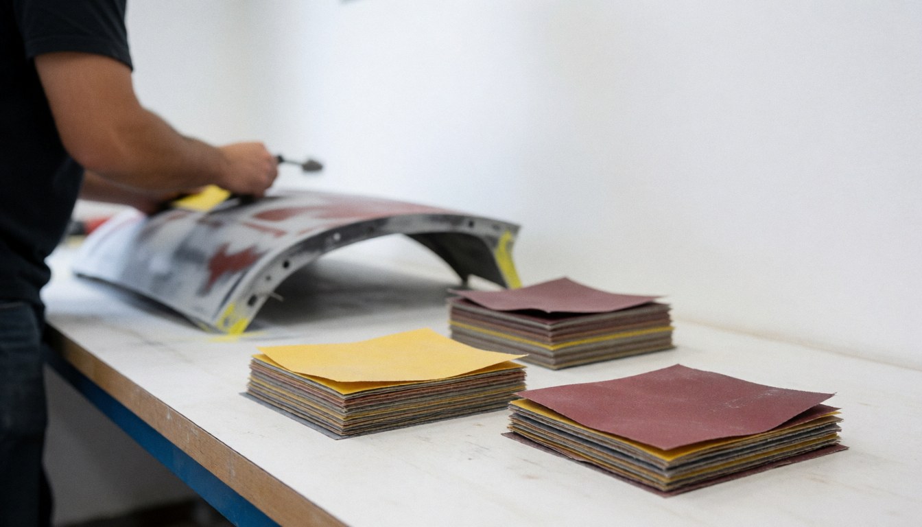 Un technicien utilise du papier abrasif sur une carrosserie dans un atelier bien éclairé, illustrant les étapes de la restauration et du ponçage.