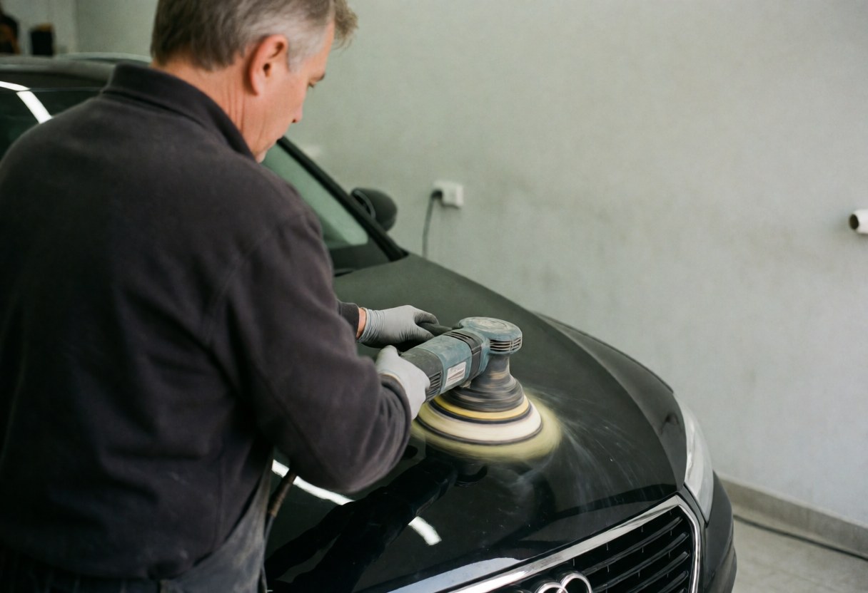 Un professionnel portant des gants utilise une machine de polissage rotative sur le capot noir d'un véhicule dans un atelier aux murs gris clair.
