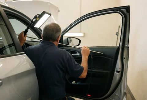 Un technicien examine l'intérieur d'une portière automobile à l'aide d'une lampe puissante et d'un outil flexible dans un atelier propre.
