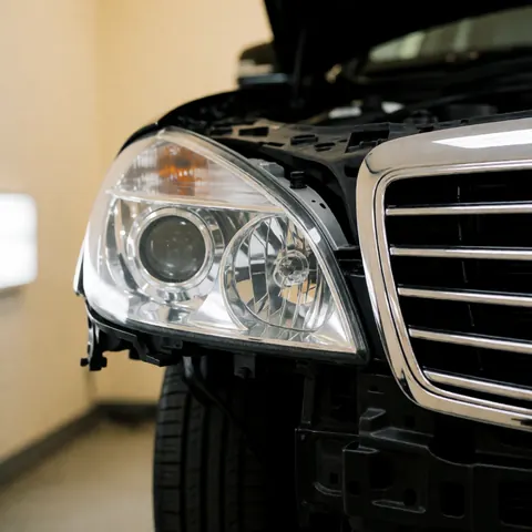 Gros plan sur un phare et une calandre brillants dans un atelier de carrosserie, avec un fond beige flou et une lumière naturelle.