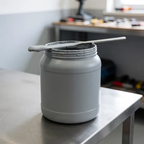 Un conteneur d'époxy gris avec un mélangeur métallique posé sur une table en acier inoxydable au sein d'un atelier de peinture, avec des outils en arrière-plan flou.