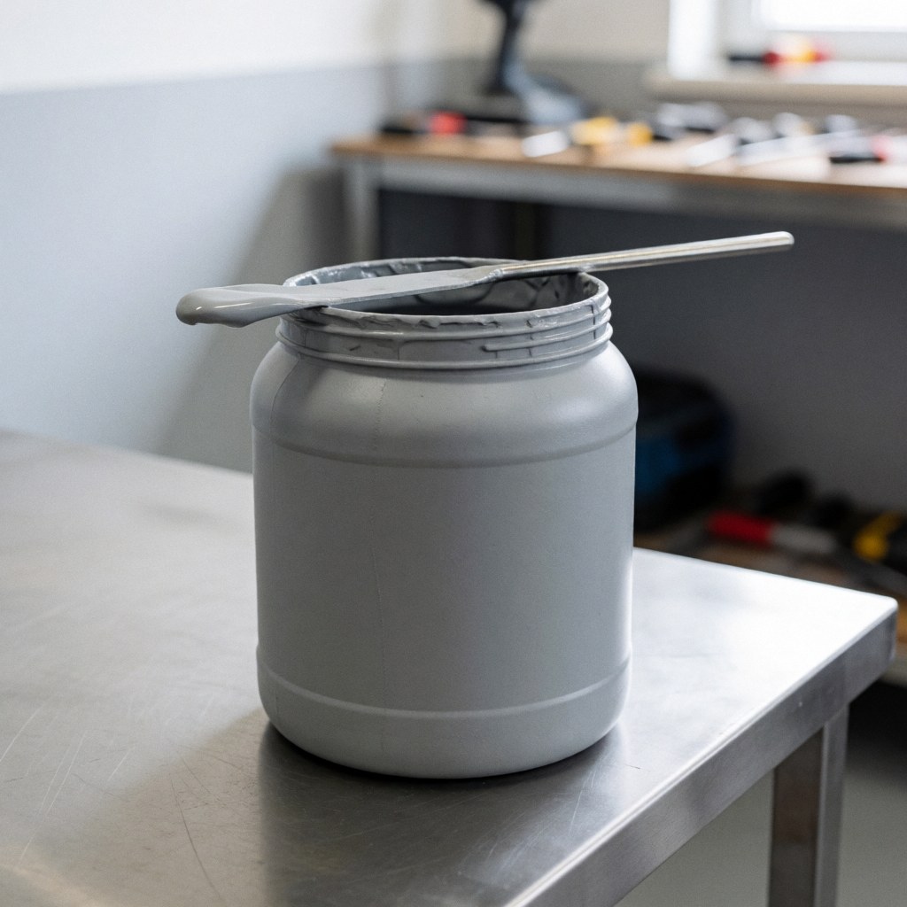 Un conteneur d'époxy gris avec un mélangeur métallique posé sur une table en acier inoxydable au sein d'un atelier de peinture, avec des outils en arrière-plan flou.