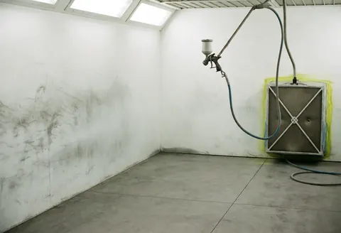 Cabine de peinture vide aux murs tachés, pistolet suspendu et filtre HEPA en coin, éclairage vif.