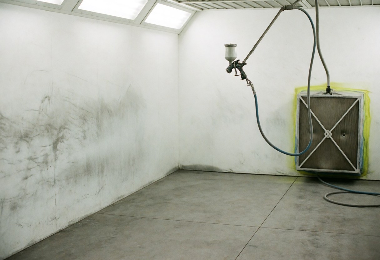 Cabine de peinture vide aux murs tachés, pistolet suspendu et filtre HEPA en coin, éclairage vif.