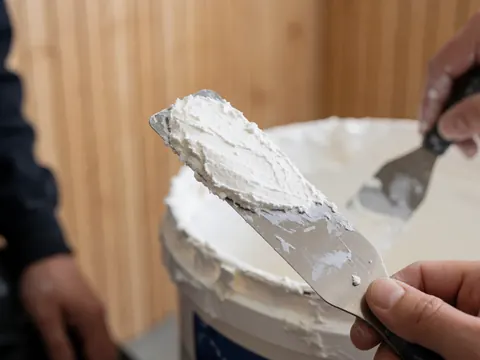 Gros plan d'une spatule posée sur un tube de mastic blanc, devant un fond en bois pour la réparation de carrosserie automobile.