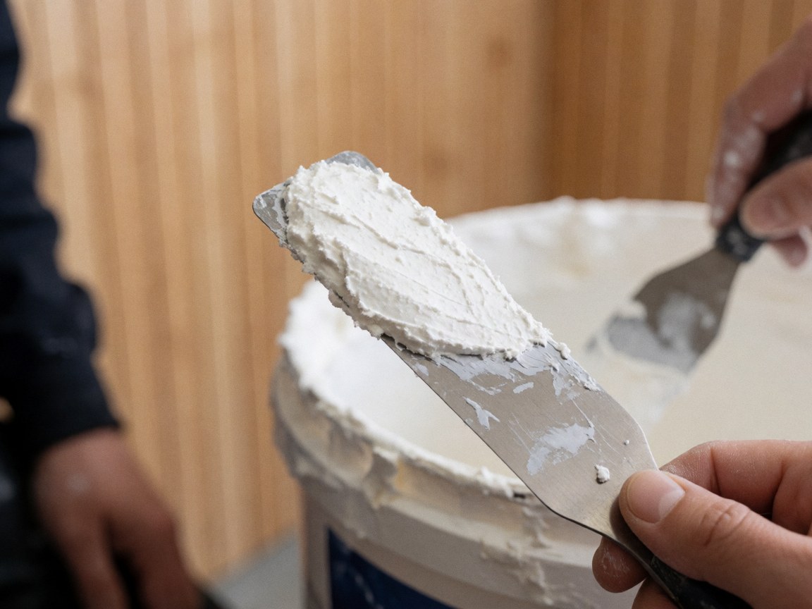 Gros plan d'une spatule posée sur un tube de mastic blanc, devant un fond en bois pour la réparation de carrosserie automobile.