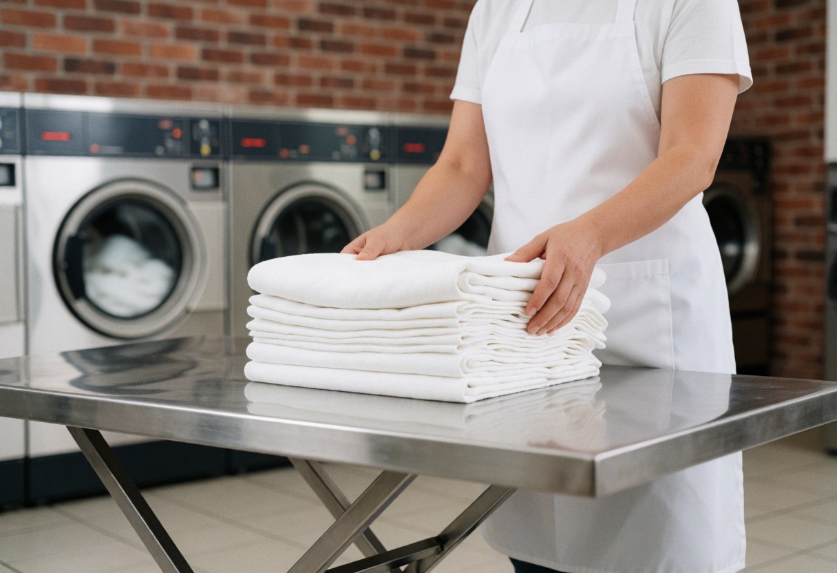 Un employé plie des serviettes blanches sur une table en acier inoxydable, avec des machines industrielles en arrière-plan.