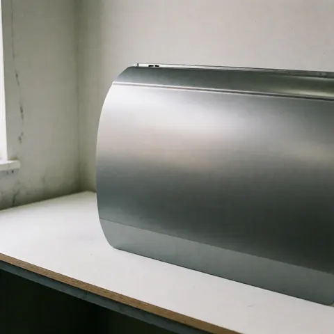 Panneau métallique gris mat avec finition protectrice posé sur un établi blanc dans un atelier, éclairé par une lumière naturelle douce.