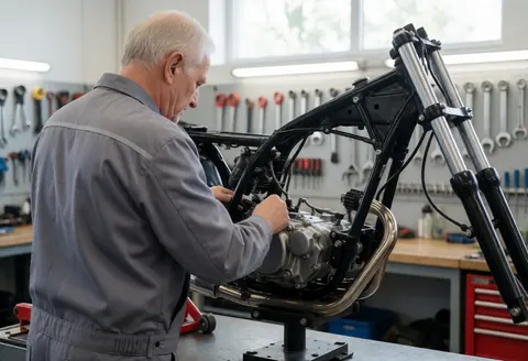 Un technicien ajuste le moteur d'une moto posée sur un support dans un atelier, avec des outils suspendus au mur et une lumière naturelle.