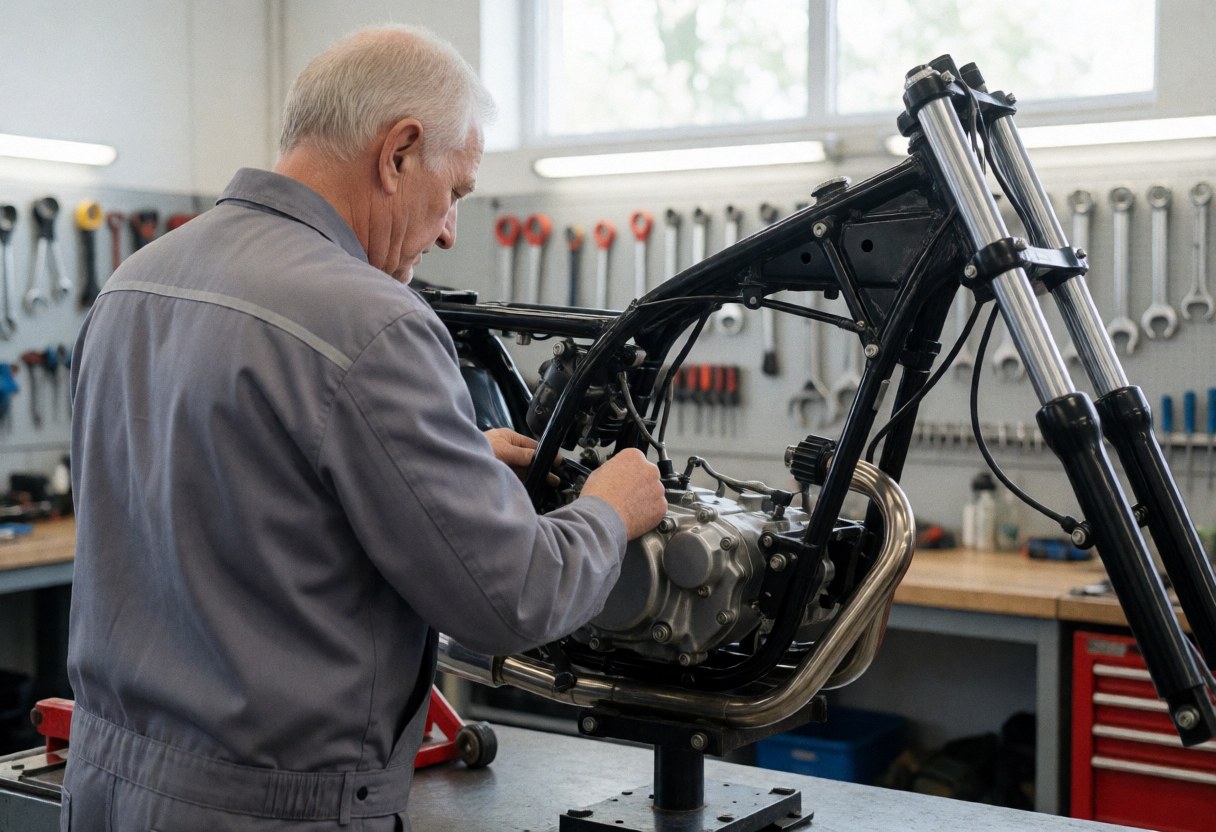 Un technicien ajuste le moteur d'une moto posée sur un support dans un atelier, avec des outils suspendus au mur et une lumière naturelle.