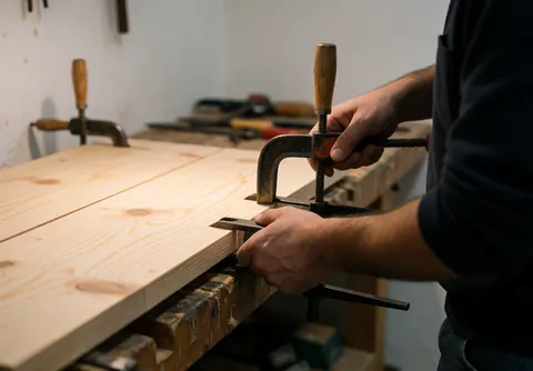 Un menuisier ajuste des clous sur une planche en bois dans un atelier éclairé par une lumière chaude avec un fond flou.