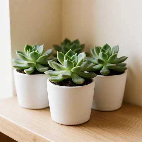 Trois plantes succulentes vertes dans des pots blancs posées sur une surface en bois clair, éclairées par une lumière naturelle douce.
