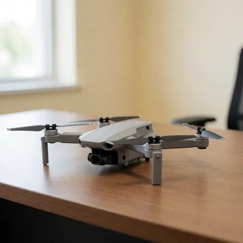 Drone éducatif gris avec propulseurs noirs posé sur une table en bois, éclairé par la lumière naturelle d'une fenêtre, fond de bureau flou.