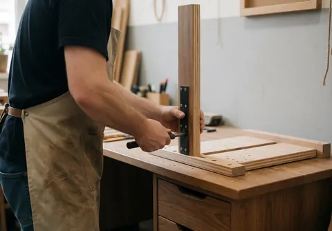Un professionnel ajuste un mécanisme de bureau avec un outil dans un atelier, avec de la bois et des outils visibles sur un fond flou.