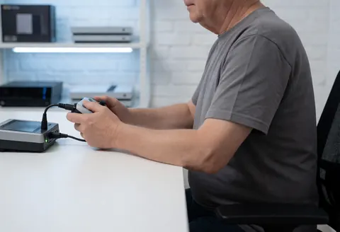 Un technicien en réparation de consoles vérifie une manette connectée à un appareil de diagnostic affichant une lumière verte, sur une table blanche dans un espace de travail.