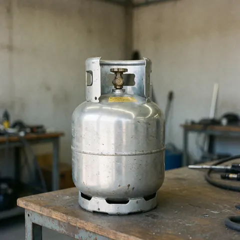 Cylindre de gaz portable de vingt livres posé sur un établi en bois dans un atelier avec fond flou, murs en béton et lumière naturelle.