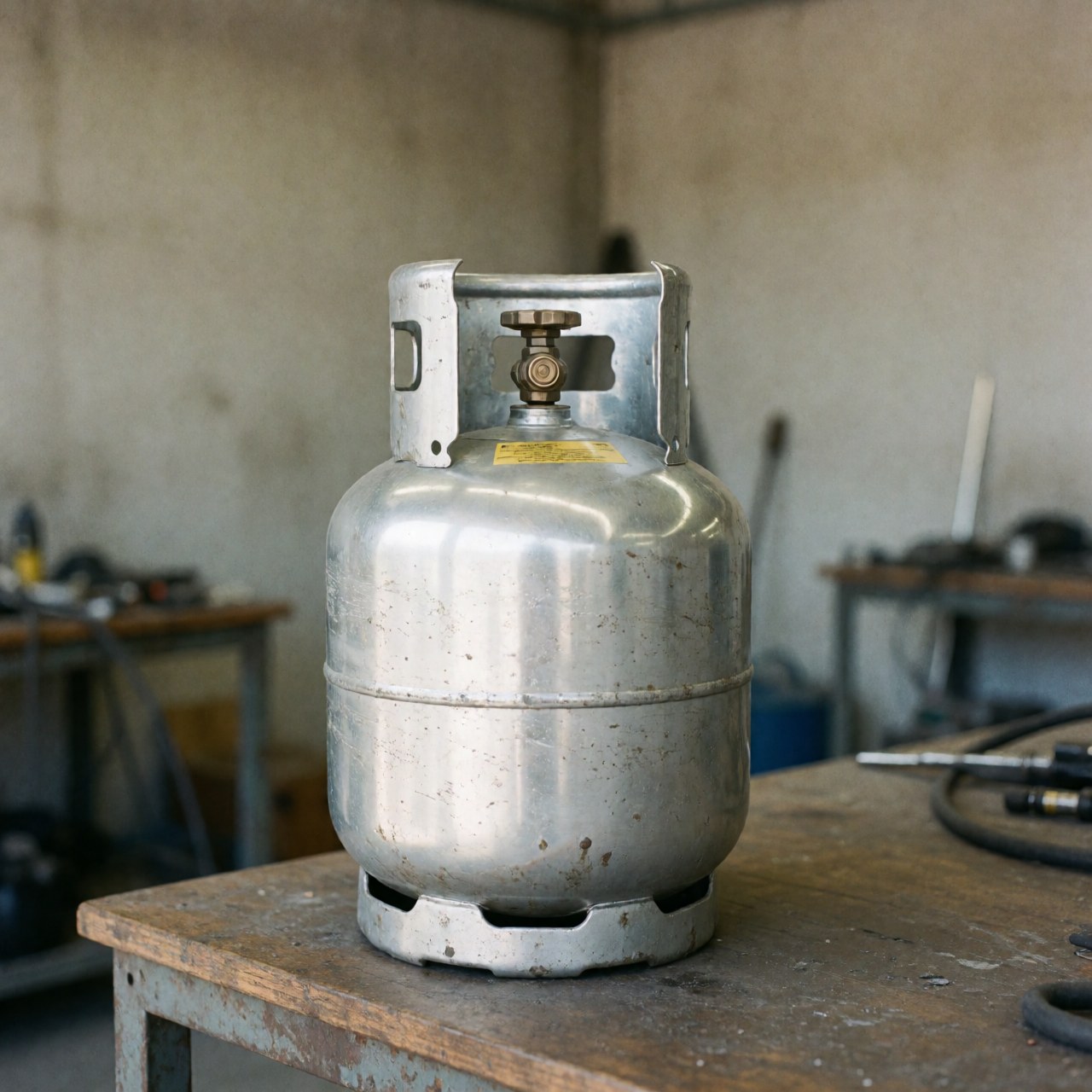 Cylindre de gaz portable de vingt livres posé sur un établi en bois dans un atelier avec fond flou, murs en béton et lumière naturelle.