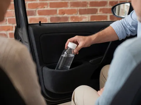 Gros plan d'une main déposant une bouteille d'eau dans la pochette de la portière ouverte d'un véhicule. Intérieur de voiture avec sièges visibles et fond de mur en briques rouges.