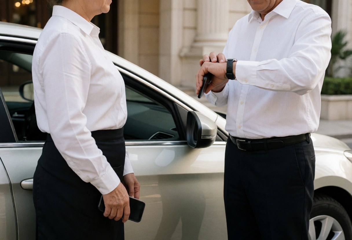 Un chauffeur de VTC consulte son téléphone pendant qu'un client attend à côté du véhicule dans un cadre urbain élégant.
